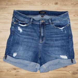 Judy Blue Mid Wash Distressed Rolled Cuff Jean Shorts